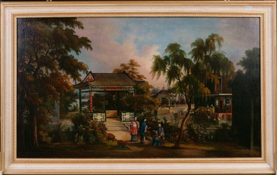 Widok ogrodu Howqua w kantonie z damami przy pawilonie, ok. 1850 autorstwa Chinese School