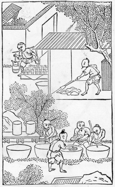 Płukanie gliny, z serii ilustracji dotyczących produkcji porcelany (patrz 384116 i 384117 dla całej serii) autorstwa Chinese School