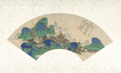 Pałace Nieśmiertelnych, składany wachlarz zamontowany jako kartka albumu, 1753 (atrament, kolor i złoto na papierze) autorstwa Chinese School Chinese School