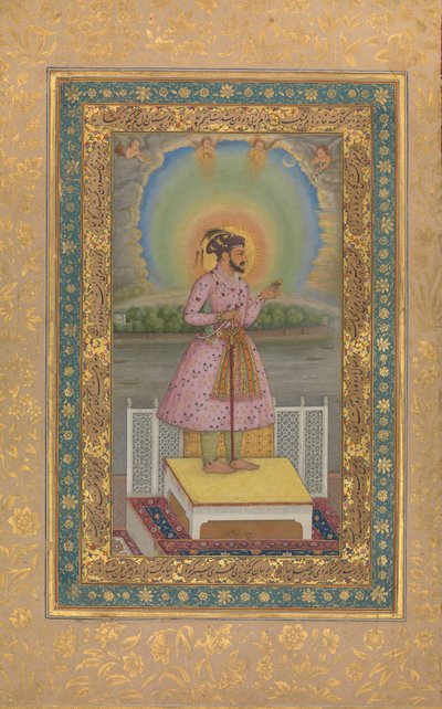 Shah Jahan na tarasie, trzymający zestaw wisiorków ze swoim portretem, Folio..., 1627-28. autorstwa Chitarman