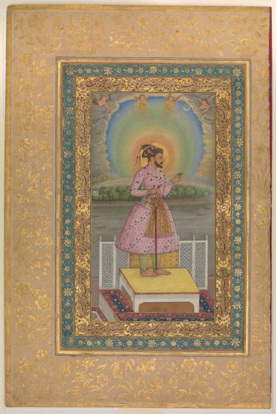 Shah Jahan na tarasie, trzymający zestaw wisiorków ze swoim portretem, folio z albumu Shah Jahan, recto: 1627–28 autorstwa Chitarman