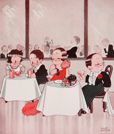 Myszy miejskie i myszy wiejskie, wyrafinowani obywatele kontra niewyrafinowani rodacy, scena w restauracji, rysunek Chloe Preston (1887-1969) z The Tatler, nr 1384, 4 stycznia autorstwa Chloe Preston