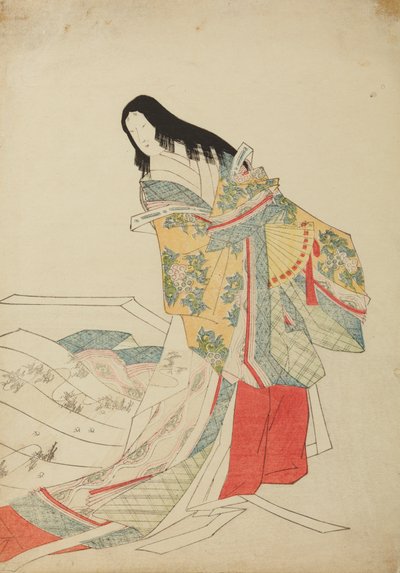 Stojąca dama dworu z wachlarzem, tablica z albumu: Nishiki-zuri onna sanju e-zukushi autorstwa Chobunsai Eishi