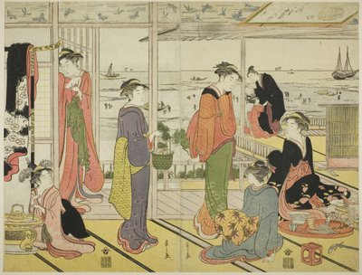 W domu uciech w Shinagawie (Shinagawa no rojo) (kolorowe drzeworyty; dwa arkusze z tryptyku oban) autorstwa Chobunsai Eishi