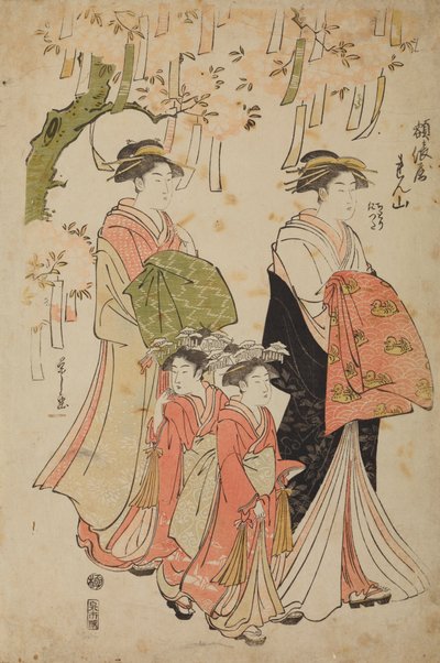 Oiran Renzan z domu Tawaraya z towarzyszką i dwiema kamuro Chidori i Tatsuta autorstwa Chobunsai Eishi