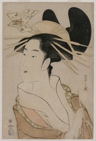 Portret kurtyzany trzymającej fajkę..., połowa lat 90. XVIII wieku. autorstwa Chobunsai Eishi