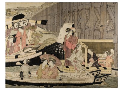 Scena nad rzeką Sumida (z pentaptyku) autorstwa Chobunsai Eishi