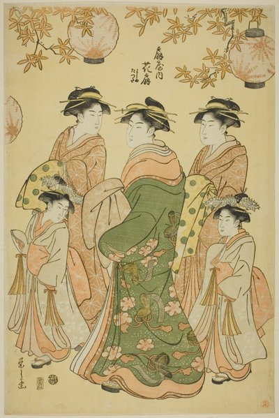 Kurtyzana Hanaogi z Ogiya z dziećmi opiekunami Yoshino i Tatsuta autorstwa Chobunsai Eishi