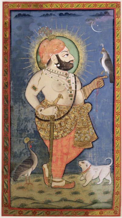 Maharana Bhim Singh z Mewar z jastrzębiem, Udaipur (Mewar) Radżastan, ok. 1805 (gwasz ze złotem na tkaninie) autorstwa Chokha