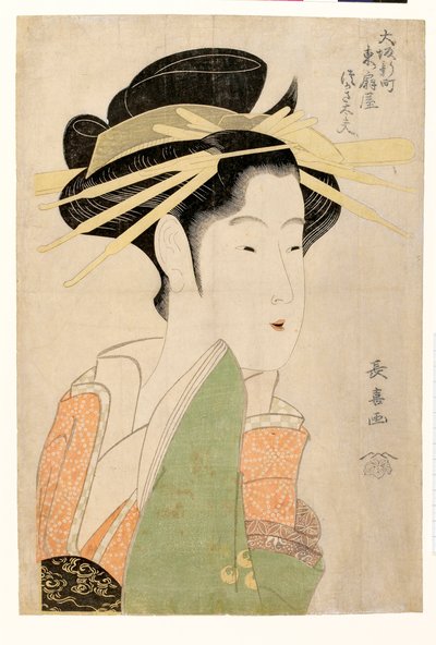 Portrait de la courtisane Tsukasa Dayu z Higashi Ogiya w dzielnicy Shinmachi w Osace - kolorowy linoryt autorstwa Eishosa autorstwa Choki Eishusai