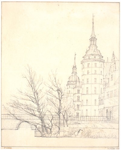 Zamek Frederiksborg. Widok przy moście monetowym autorstwa Christen Købke