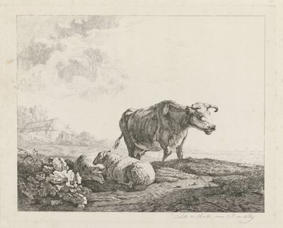 Krajobraz z krową i dwiema owcami autorstwa Christiaan Godfried Schutze van Houten