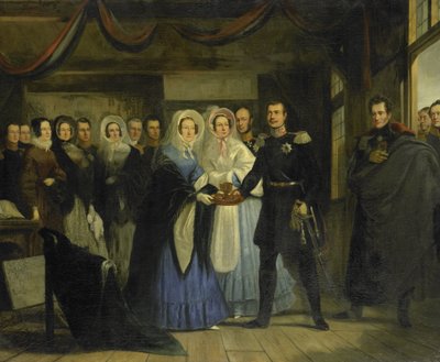 Księżniczka Orańska przyjmuje Aleksandra II (1818-1881), wielkiego księcia i następcę tronu Rosji, w domu cara Piotra w Zaandam, 17 kwietnia 1839 autorstwa Christiaan Julius Lodewijk Portman