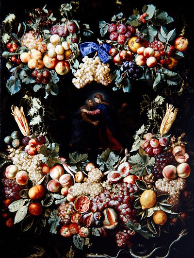 Nawiedzenie w girlandzie owoców (olej na płótnie) autorstwa Christiaan Luykx or Luycks