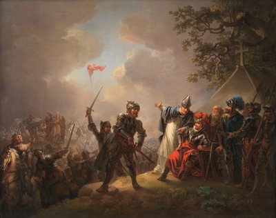 Legenda duńskiej flagi. Dannebrog spadający z nieba podczas bitwy pod Lyndanise, 18 autorstwa Christian August Lorentzen