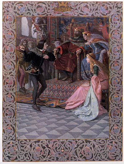 Hamlet przed królem Klaudiuszem, królowa Gertruda i Ofelia, scena z „Hamleta” Williama Szekspira (1564-1616) ok. 1900 autorstwa Christian August Printz