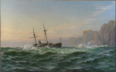 Statek pancerny „Iver Hvitfeldt” mija Forbjerget Stat w drodze do Trondhjem latem 1893 roku autorstwa Christian Blache