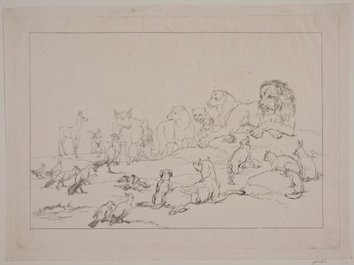 Zgromadzenie zwierząt. Ilustracja do „Reinike Fuchs” autorstwa Christian David Gebauer