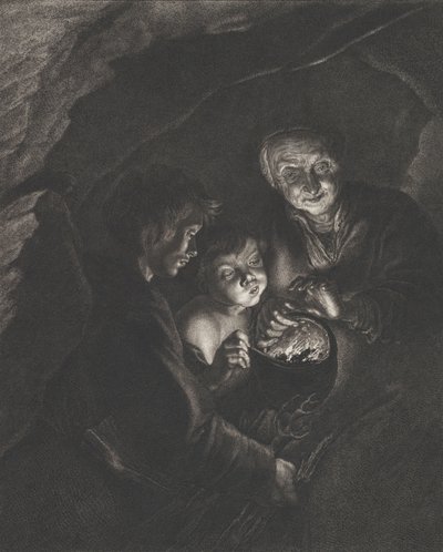 Scena nocna w jaskini ze staruszką trzymającą rozżarzone węgle w garnku, chłopiec blowi..., ok. godz. 1750-57 autorstwa Christian Friedrich Boëtius