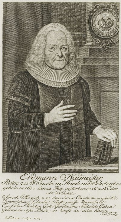 PPN663946751 Erdmann Neumeister, pastor w St. Jacobi w Hamburgu i Scholarcha. (1763) autorstwa Christian Fritzsch