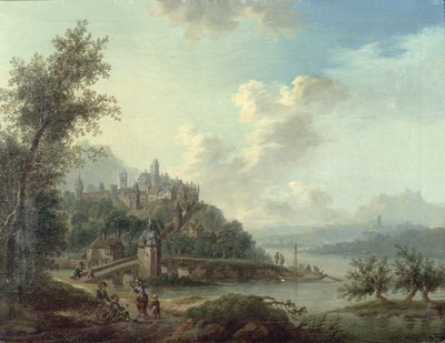 Widok na Nadrenię z mostem i postaciami na pierwszym planie oraz ufortyfikowanym miastem na wzgórzu za nim autorstwa Christian Georg II Schutz or Schuz