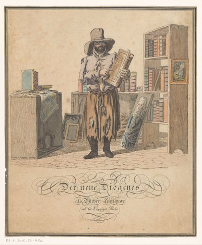 Portret książek Johanna Gottloba Helmerta Nowy Diogenes jako księgarz na Targach Lipskich (tytuł na obiekcie) autorstwa Christian Gottfried Heinrich Geissler (possibly)