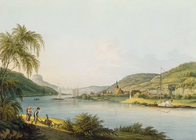 Widok na południową część Schandau nad Łabą w Saksonii na granicy Czech (rycina z akwarelą) autorstwa Christian Gottlob Hammer