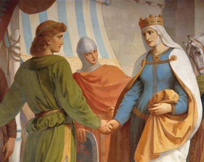 Parzival żegnający się z matką, królową Herzeloyde, z cyklu Parzival, Sala Śpiewaków, ok. 1883-84 (mural) autorstwa Christian Jank