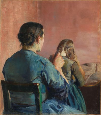 Zaplatanie jej włosów, ok. 1888 r. (olej na płótnie) autorstwa Christian Krohg