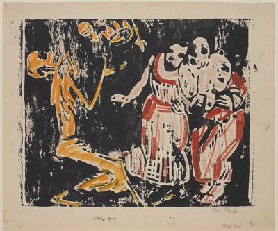Death as Juggler (Revolution) (Tod als Jongleur [Revolution]), 1918-19 (kolorowy drzeworyt na żółto, czerwono i czarno na grubym papierze) autorstwa Christian Rohlfs