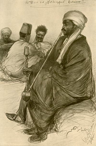 Mężczyzna palący fajkę wodną na pokładzie parowca „Hatasoo”, Egipt, 1898 r. autorstwa Christian Wilhelm Allers