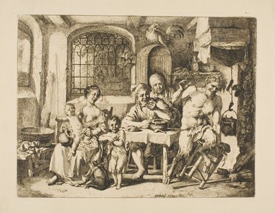 Satyr w chłopskim domu w stylu Jordaensa autorstwa Christian Wilhelm Ernst Dietrich