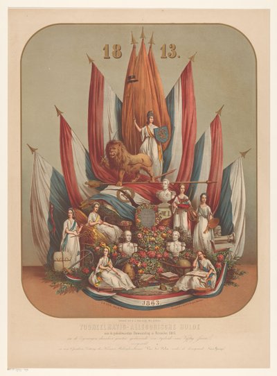 Alegoryczne przedstawienie doniosłej rewolucji w listopadzie 1813 r Teatralno-alegoryczny hołd dla pamiętnej Rewolucji Listopadowej 1813 (...) (tytuł na obiekcie) autorstwa Christianus Hendricus Hein