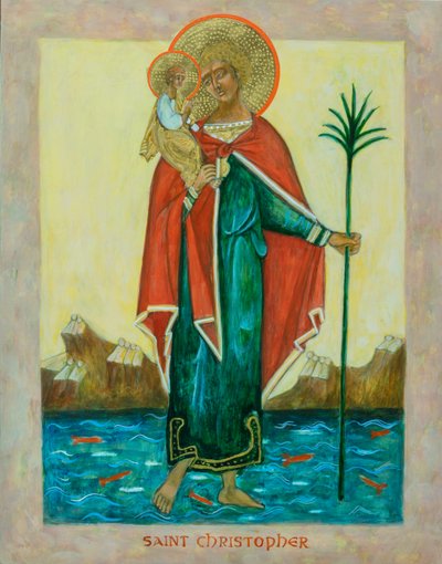 Ikona świętego Krzysztofa, 2023 (tempera jajowa, płatki złota, drewno) autorstwa Christine Hales