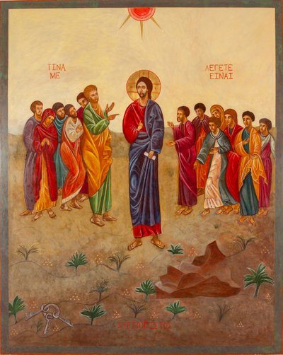 Święty Piotr i Chrystus, 2000 (tempera jajowa, płatki złota, drewno) autorstwa Christine Hales