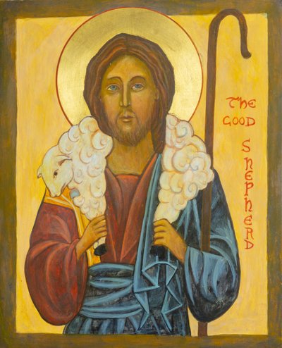 Dobry Pasterz, 2020 (tempera jajowa, płatki złota, drewno) autorstwa Christine Hales