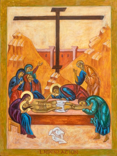 Ikona Lamentacji, 2022 (tempera jajowa, płatki złota, drewno) autorstwa Christine Hales