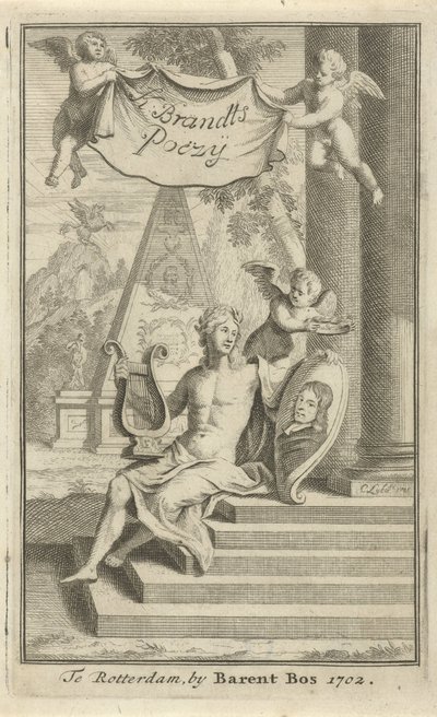 Apollo z portretem Caspara Brandta Strona tytułowa dla: K. Brandt, Poëzy, 1705 autorstwa Christoffel Lubienitzki