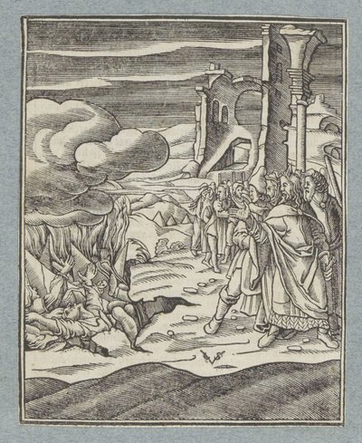 Korach, Datan, Abiram i ich rodziny zostają pochłonięte przez ziemię autorstwa Christoffel van Sichem (II)
