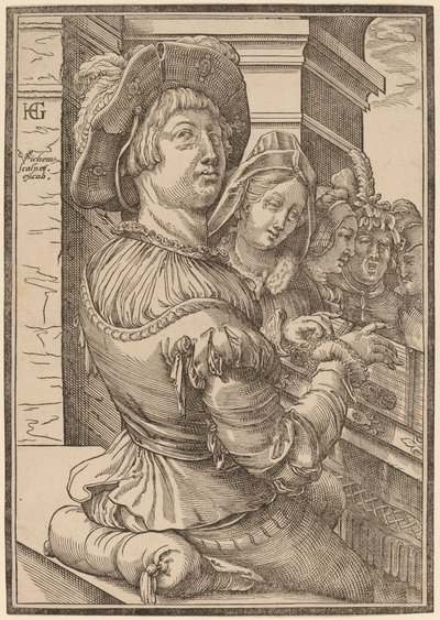 Młody mężczyzna grający na psałterium autorstwa Christoffel van Sichem I after Hendrik Goltzius