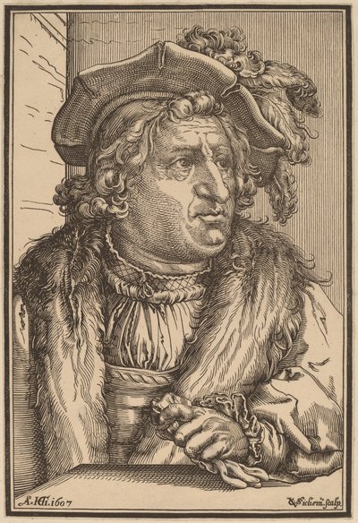 Mężczyzna w czapce z piórkiem autorstwa Christoffel van Sichem I after Hendrik Goltzius