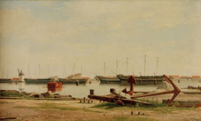 Widok na Nyholm z dźwigiem i okrętami wojennymi autorstwa Christoffer Wilhelm Eckersberg