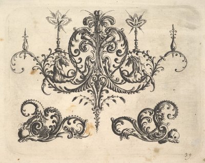 Fantastyczny żyrandol z płonącymi świecami i arabeskami, niektóre zakończone fantastycznym koniem..., 1610. autorstwa Christoph Jamnitzer