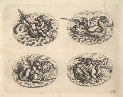 Cztery owale z Genii, tabliczki z Neue Grotessken Buch, 1610. autorstwa Christoph Jamnitzer