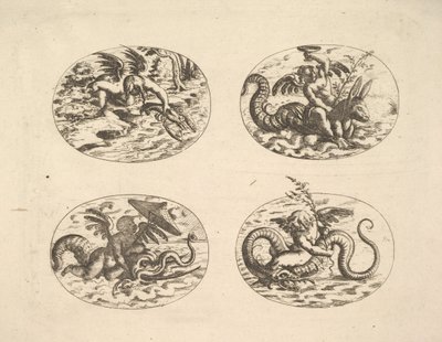 Putti z potworami morskimi, talerze z Neue Grotessken Buch, 1610. autorstwa Christoph Jamnitzer