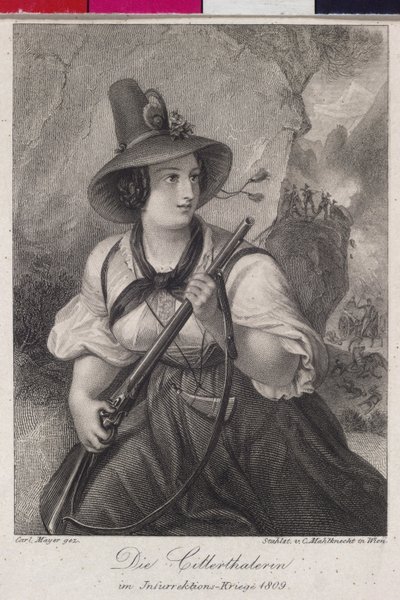 Dziewczęta z doliny Zillertal w tyrolskiej walce o wolność 1809 (rycina) autorstwa Christoph Mahlknecht
