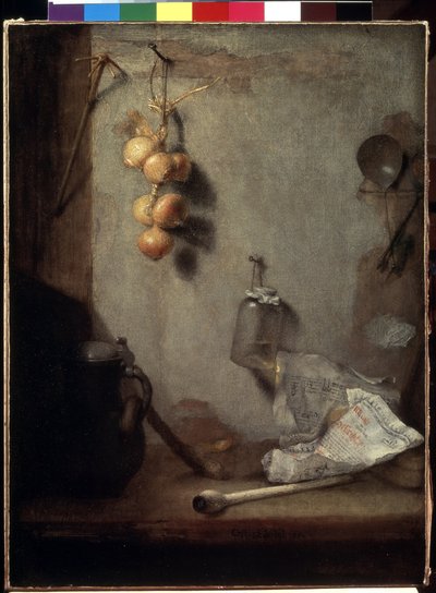 "Martwa natura"" (Martwa natura) Cebula, stół kuchenny i szklany słoik"" Obraz Christophera Paudissa (1630-1666) 1660 Wymiary 62x46,5 cm Ermitaż, Sankt Petersburg autorstwa Christoph Paudiss