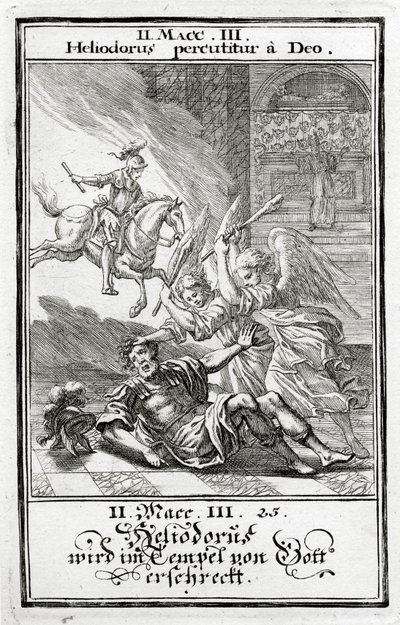 Bóg straszy Heliodora w świątyni, 2 Machabeusze (3:21-28), 1695 autorstwa Christoph Weigel