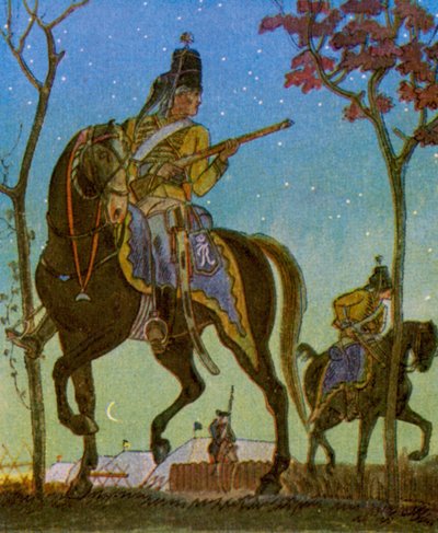 Husarenvorposten / Placówka husarska (kolorowa litografia) autorstwa Christophe (1856-1945)