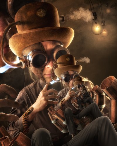 Zagnieżdżeni wynalazcy w stylu steampunkowym autorstwa Christophe Kiciak